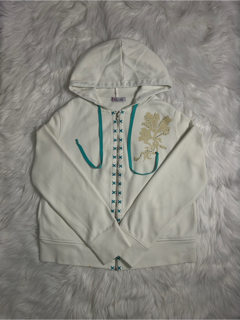 Women’s Cream Hooded Zip Jacket with Teal Trim